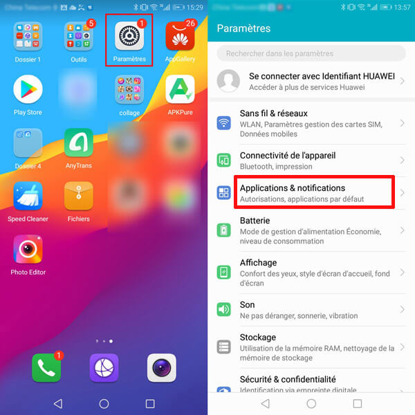 Ouvrir l'application dans le menu Paramètres Huawei