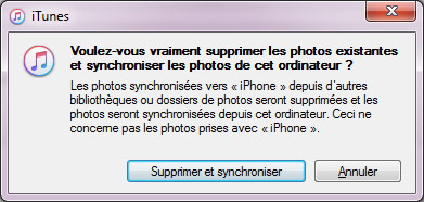 Messages lors de synchroniser les photos iPhone avec iTunes