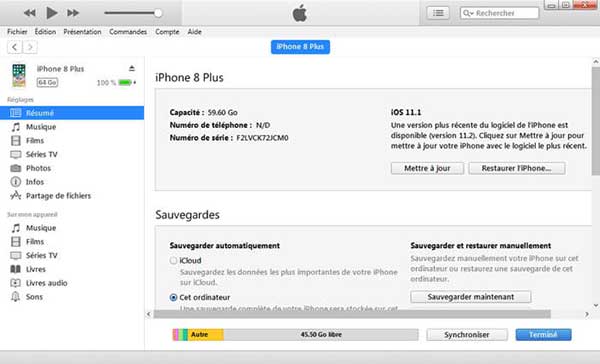 Sauvegarder contacts iPhone avec iTunes