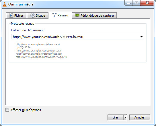 Analyser l'URL vidéo dans VLC