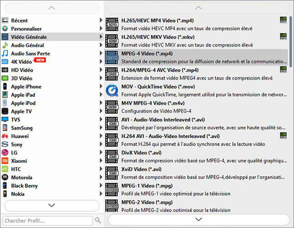 Sélectionner le format de sortie