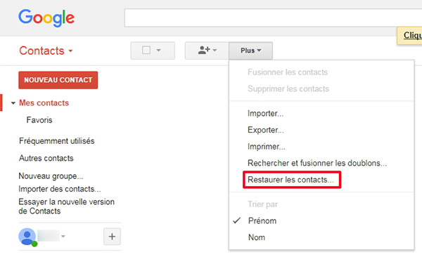 Restaurer les contacts Gmail