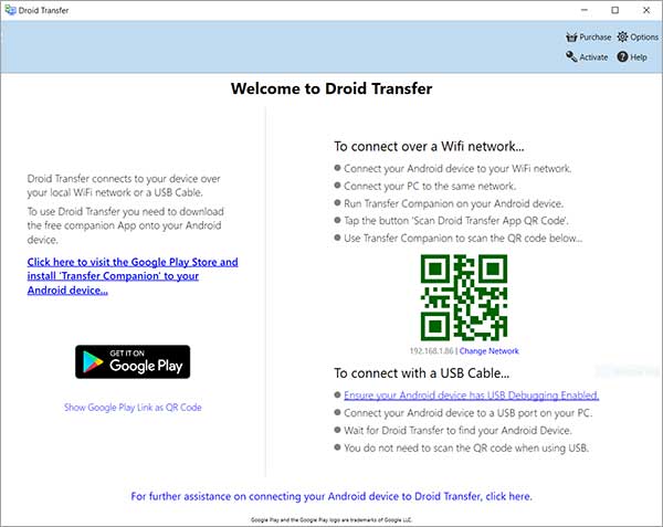 Connecter l’appareil avec Droid Transfer