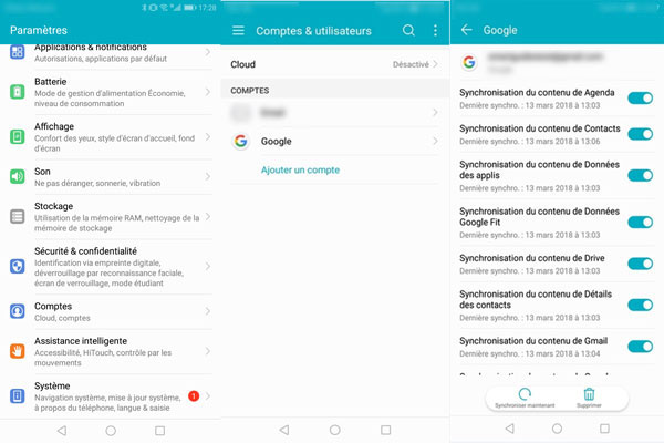 Transférer des contacts par le compte Google