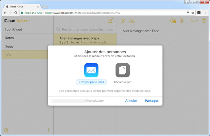 Envoyer les notes iCloud avec Email