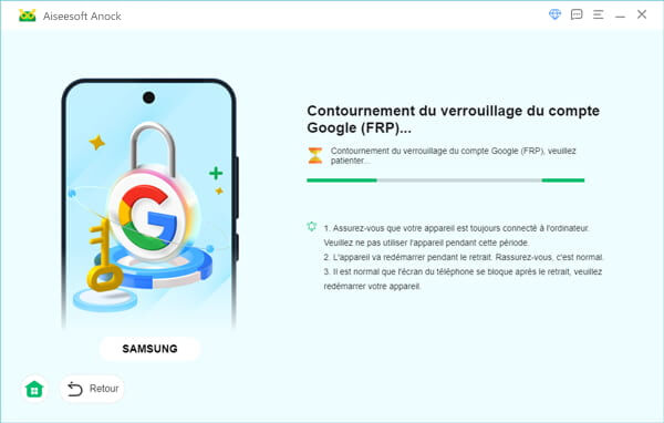 En train de supprimer le verrouillage du compte Google