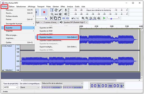 Exporter l'audio dans Audacity