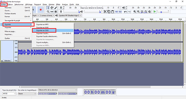 Exporter le fichier vers le format OGG dans Audacity