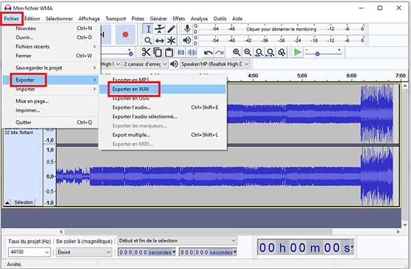 Exporter le fichier vers le format WAV dans Audacity