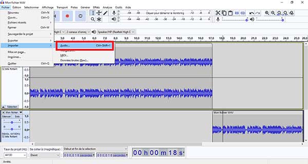 Ouvrir Audacity et importer les fichiers audios