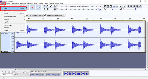 Ouvrir Audacity et importer le MP3