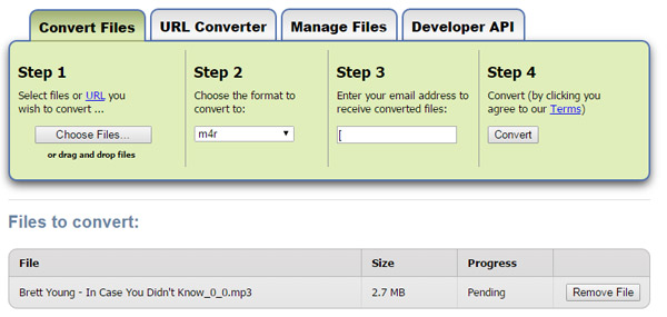 Convertir MP3 en M4R par ZAMZAR