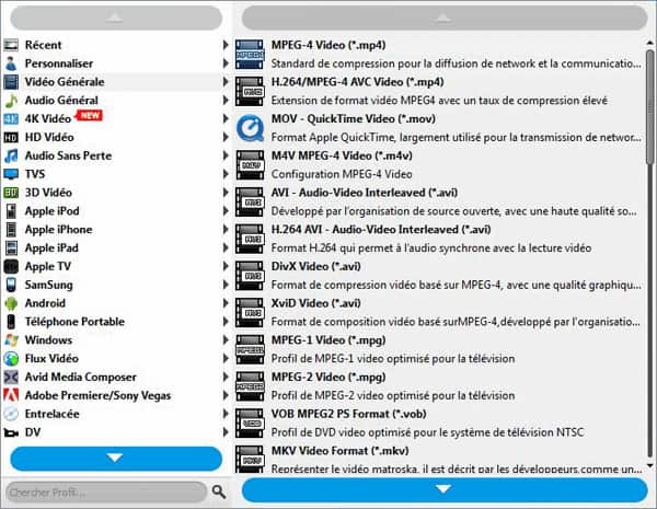 Sélectionner le format de sortie