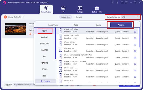 Choisir le format compatible avec iPhone