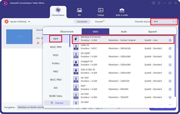 Choisir MP4 comme le format de sortie