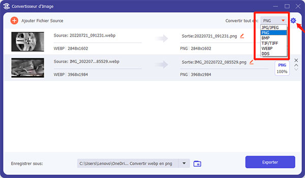 Sélectionner le format PNG pour le fichier WebP