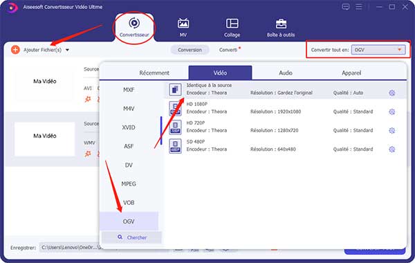 Choisir le format OGV