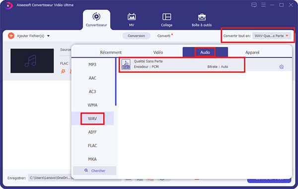 Sélectionner le format de conversion WAV