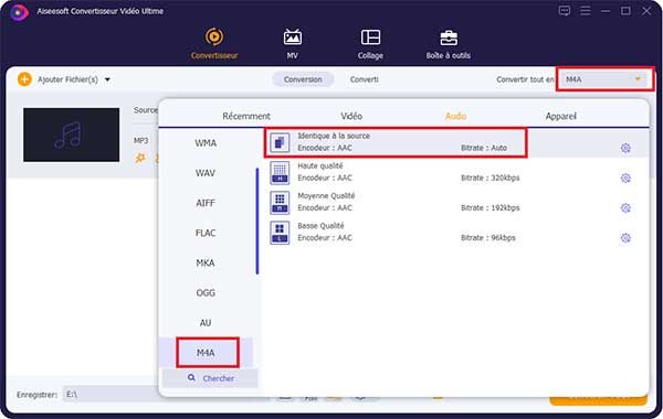Choisir le format M4A pour fichier MP3