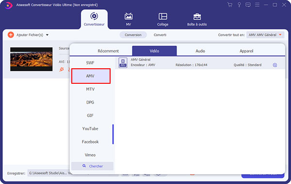 Sélectionner le format AMV pour un fichier AVI