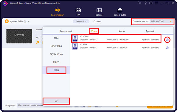 Changer le format en MPG pour le fichier AVI