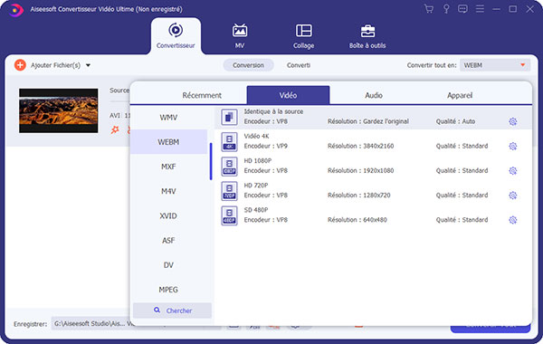 Définir WEBM comme format de sortie