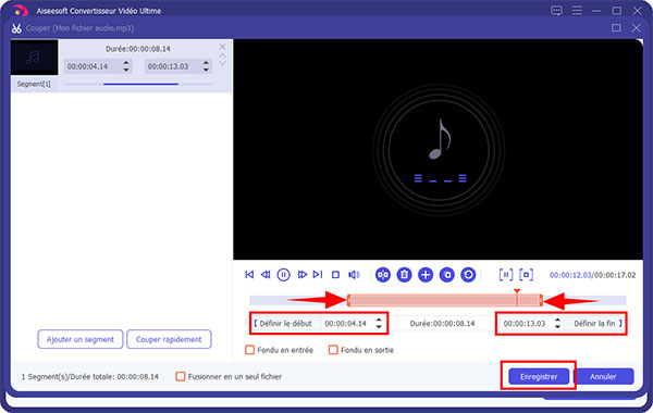 Définir la fin et le début de coupage audio