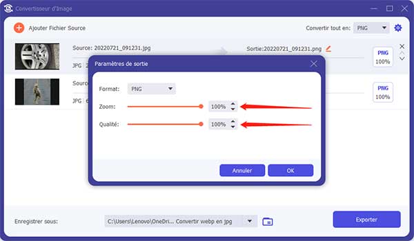 Paramétrer le format de sortie PNG