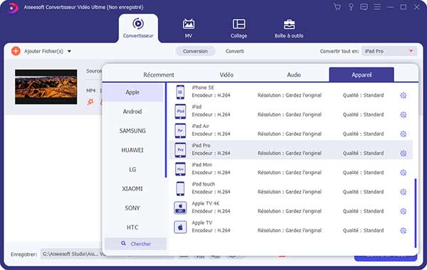 Sélectionner le format de sortie iPad