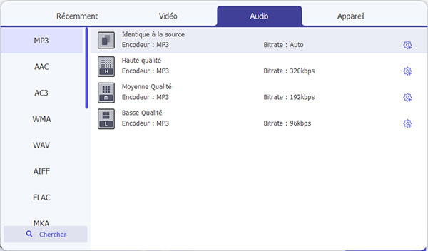 Sélectionner MP3 comme format de sortie