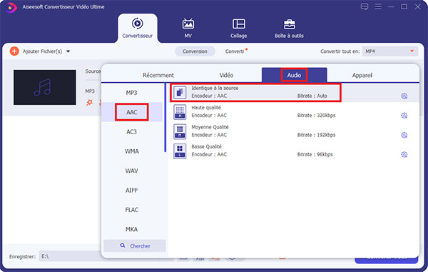 Choisir le format de conversion AAC