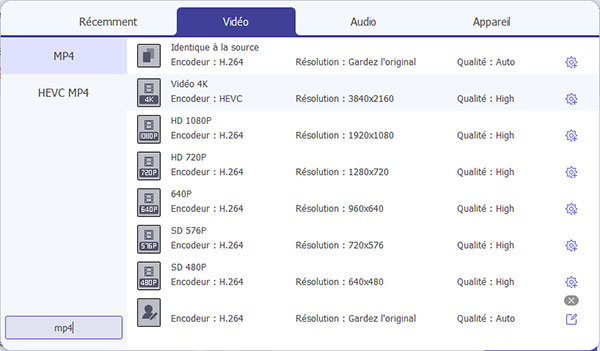 Définir le format en MP4