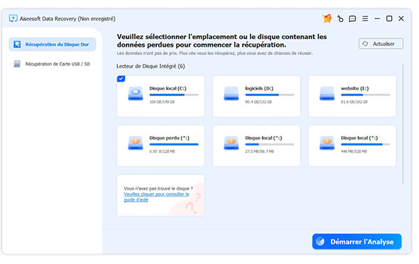 L'interface de Data Recovery