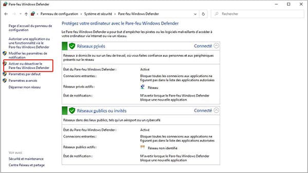 Activer ou désactiver le Pare-feu Windows Defender