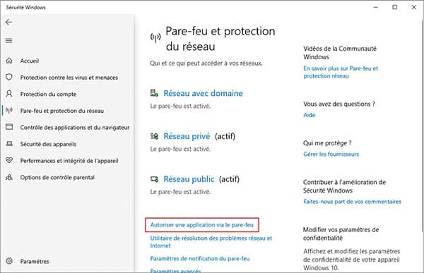 Autoriser une application via le pare-feu