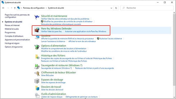 Choisir Pare-feu Windows Defender