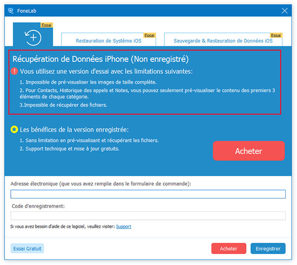 la différence entre la version d'essai et la version enregistrée