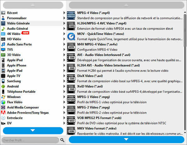 Sélectionner le format de sortie