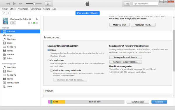Sauvegarder iPad avec iTunes