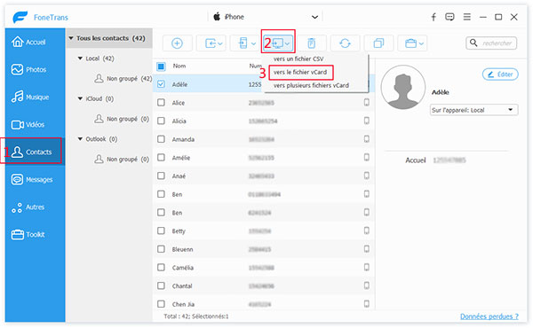 Transférer contacts iPhone vers PC avec FoneTrans