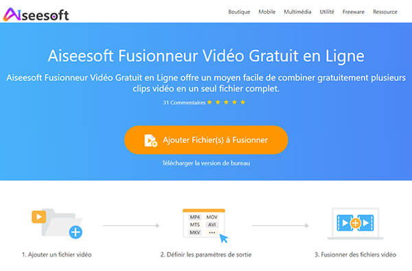 La page d'Aiseesoft Fusionneur Vidéo Gratuit en Ligne