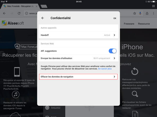 Effacer l'historique Google sur iPad