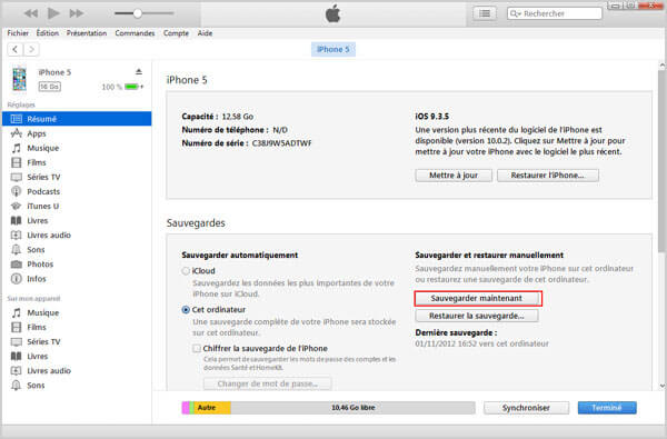 Sauvegarder iPhone vers iTunes