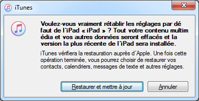 Confirmer la restauration iPad avec iTunes