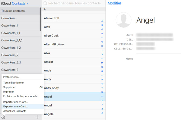 Contact iCloud dans le navigateur