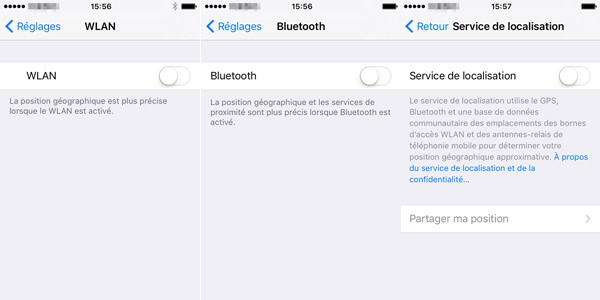 Fermer wifi, bleutooth et localisation