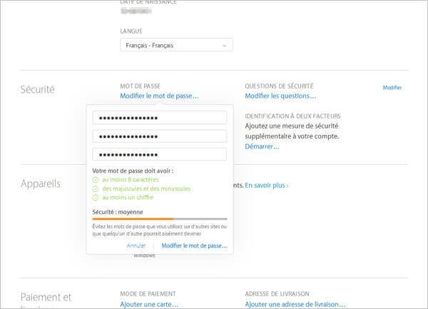Modifier le mot de passe par le appleid.apple.com