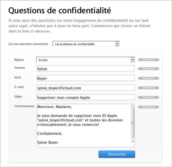 Contactez Apple pour supprimer l'identifiant Apple