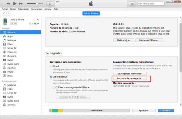 Restaurer la sauvegarde iTunes vers iPhone