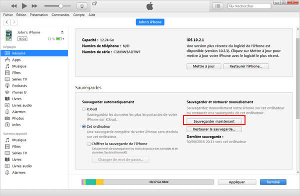 Sauvgarder iPhone sur iTunes